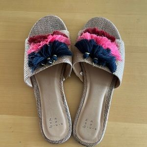 Neutral Raffia Slide Sandals with Pink & Navy Tassels